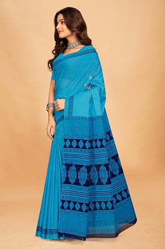 Tamaira Fashion Women's Floral Butti Printed Pure Cotton Mulmul Saree Without Blouse Piece(11497_Turquoise)