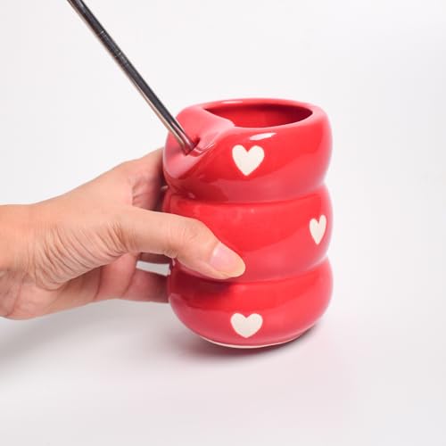 Image of Sip Bubble Ceramic Tumbler with Stainless Steel Straw | Red Heart Pattern, Handmade, Drinkware | 220 ML