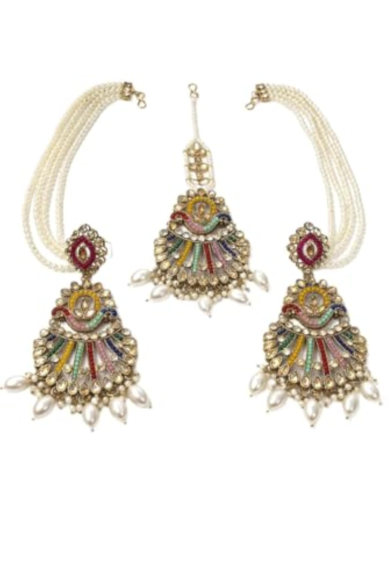 Women's Traditional Multicolor Kundan Pearl Earrings & Maang Tikka