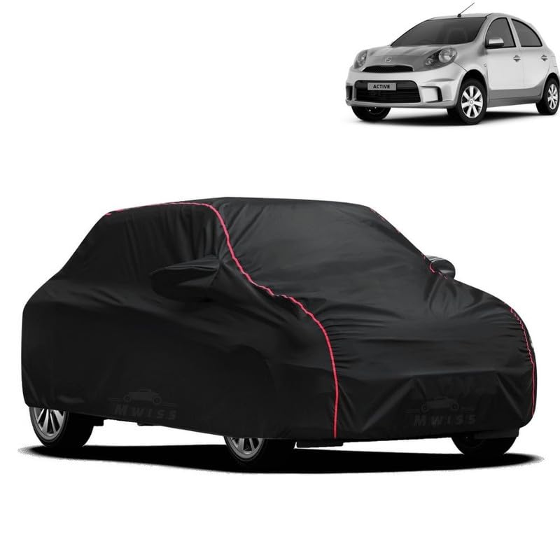 Image of Waterproof Car Cover for Nissan Micra Active | All-Weather Protection, Dustproof & UV Resistant | Triple Stitched Mirror Pockets, Windproof Buckle Strap with Elastic Hem, Black-Red Piping