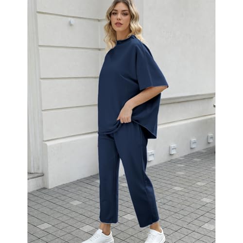 Image of SeeLuNa Women's Two Piece Outfits 3 /4 Batwing Sleeve Capelet Crew Neck Pullover Top Wide Leg Pants Lounge Set