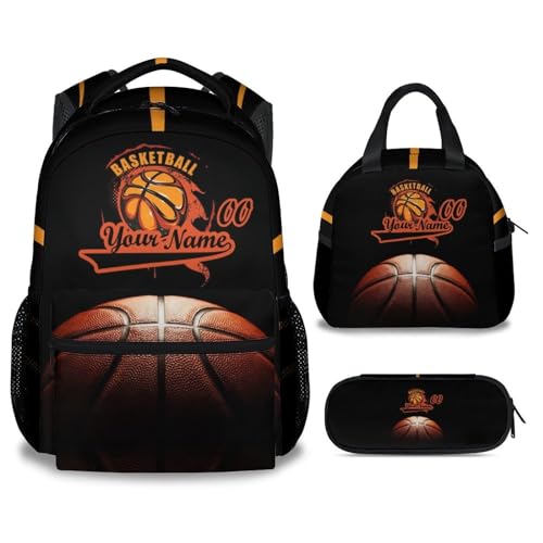 Personalized Basketball Backpack with Lunch Box and Pencil Case Set, 3 in 1 Matching Boys Black Backpacks Combo, Cool Bookbag and Pencil Case Bundle