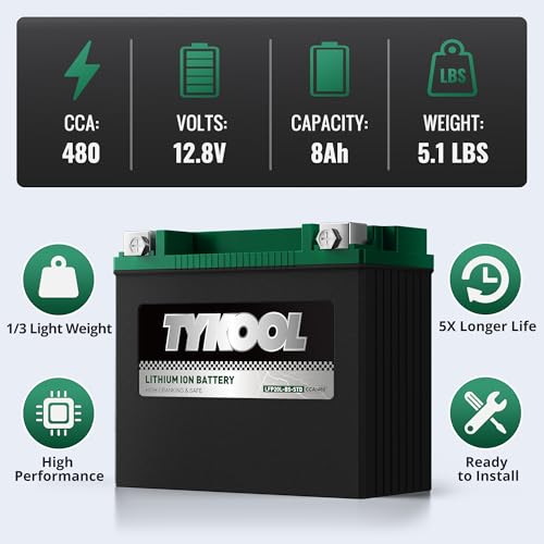 Image of TYKOOL LFP20L-BS-STD Lithium Battery, Replaces YTX20L-BS 65989-97C, 480CCA 8Ah Fits for Motorcycle ATV UTV PWC, Compatible with Harley Davidson Softail Fat Boy V-Rod Heritage Classic, Digital Readout