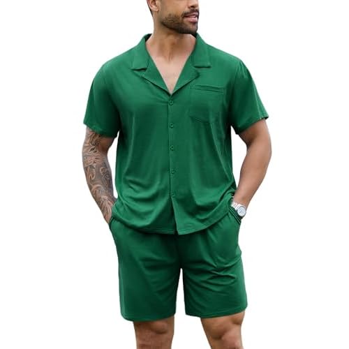 Marvmys Men Pajama Set Cotton Sleepwear Short Sleeve Button Down Pajamas Loungewear 2 Piece Pj Set with Pockets S-2XL Small Green