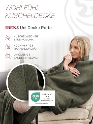 Ibena Porto Decke 150x200 cm – Baumwollmix weich, warm & waschbar, Kuscheldecke Oliv einfarbig