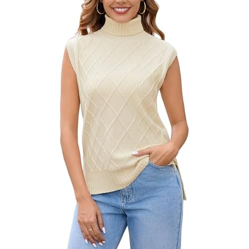 Totatuit Womens Sleeveless Turtlenecks Sweaters Cap Sleeve Mock Neck Ribbed Knitted Solid Pullover Sweater Vest A_beige Medium