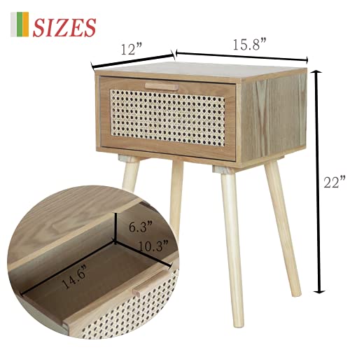 AWASEN Nightstand Mid Century Modern Side Table with Rattan Drawer, End Table with Storage and Solid Wood Legs for Bedroom Living Room Small Space, Easy Assembly (Natural Walnut) - Image 4