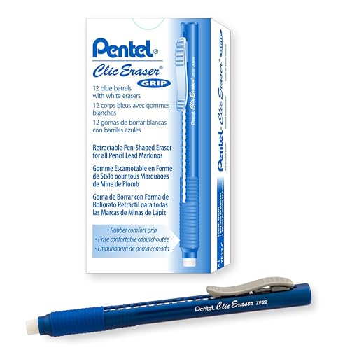 Pentel Clic Eraser Grip, Retractable Eraser, Blue Barrel, Box of 12 (ZE22C)