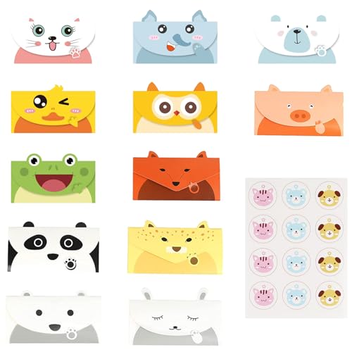 WBYNB 12 peças cartão de felicitação de animais, cartões convite de desenhos, cartões de aniversário para crianças, com autocolantes, estampado de animais de desenhos animados