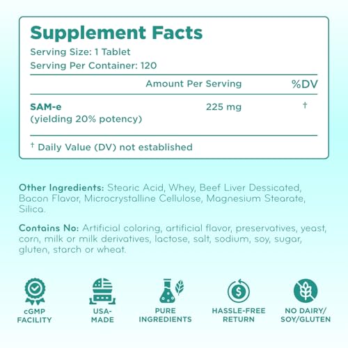 Image of Liver Support for Dogs with SAM-e - Chewable SAM-e for Dogs Bone Mood Brain and Liver Support Supplement with Easy Absorption 225mg S-Adenosyl-L-Methionine - Made in a cGMP US Lab (Single)