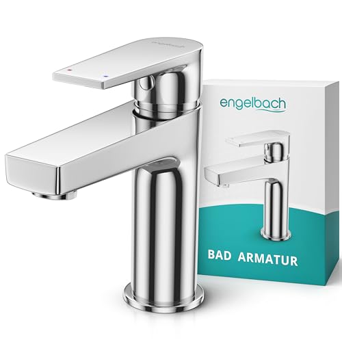 Engelbach® Wasserhahn Bad - 304 Edelstahl Waschtischarmatur mit langlebiger Keramikkartusche - inklusive 2 Schläuche & Anleitung, Waschbecken Armaturen, Mischbatterie Bad, Chrom