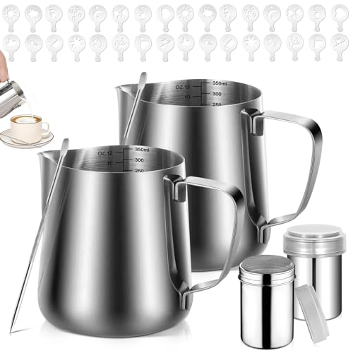 Listado de Jarritas para la leche los preferidos por los clientes. 46 2 Pzs Jarra para Espumar Leche de Acero Inoxidable, Jarra Leche con Marca de Medición 350ml/12oz, 2 Latte Art Pen/Barista Pen y 32 Plantillas Herramienta de Moldear Café y 2...