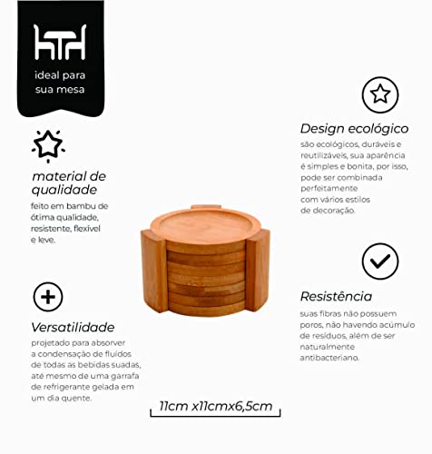 Mimo Style Porta Copos Redondo Com Suporte, Feitos Inteiramente de Bambu, Proteja Seus Móveis. O Con