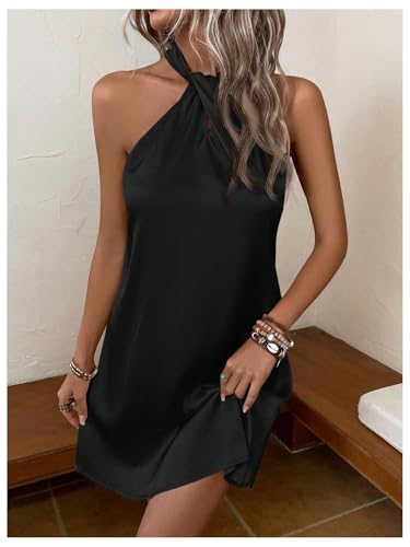 Image of Floerns Women's Pearl Beaded Halter Twist Sleeveless Tie Back Dress A Line Dress