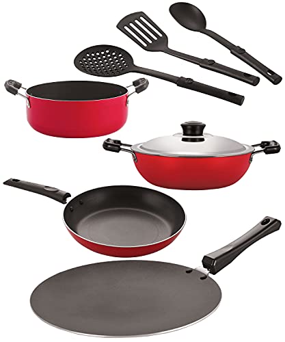 Image of Nirlon Nonstick Coated Aluminium 7 Pcs Set of Concave Tawa-28.5cm,Deep Kadhai-24cm,Casserole-22cm,Tapper Pan-24cm & 3 Spoon (2.6mm CT12 DKD(B) Cass22 TP24 3SPN)