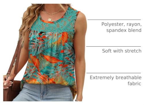 Image of Saloogoe Summer Tank Tops for Women Loose Fit Pleated Tunics Scoop Neck Sleeveless Lace Tops Curved Hem Flowy