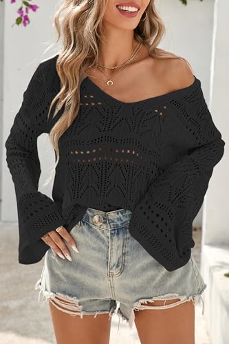 Image of Cakulo Womens Summer Crochet Tops Boho Off Shoulder Sweaters Lightweight V Neck Loose Vacation Resort Wear 2026