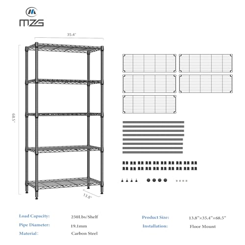 Image of M MZG 1250 lbs 5 Tier Shelf Metal Storage Shelves Shelving Wire Rack Heavy Duty Closet Organizers for Garage Kitchen Bathroom Laundry Black 13.8 inch D x 35.4 inch W x 68.5 inch H