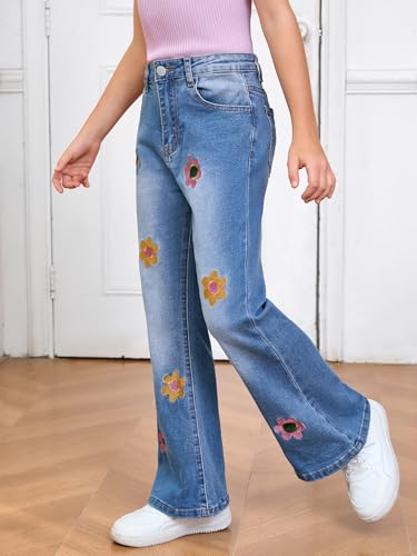 WDIRARA Girl's Floral Print Denim Zipper Fly Pants Button Flared Jeans with Pockets3