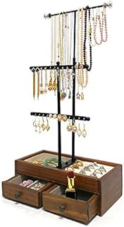 Necklace Holder Stand Hanging Long Necklaces Jewelry by Adjustable Height -3 Tiers Metal Jewellry Tree Stands with Wooden Drawer Organiser Box to Display Cosmetic, Bracelets, Earrings, Rings, Watches