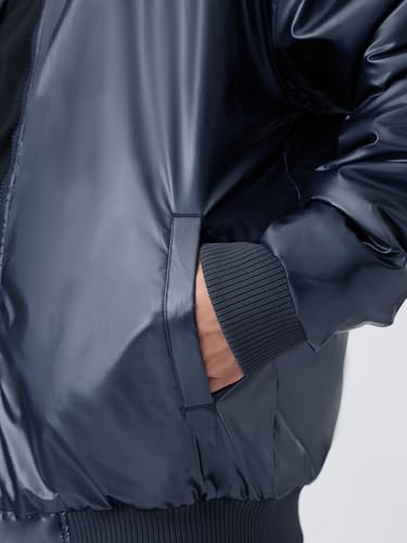 Image of The Souled Store Orion Men and Boys Full Sleeves Band Collar Navy and Grey Solid Polyester Reversible Lightweight Everyday Oversized Fit Bomber Jacket