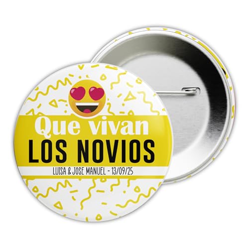 MISS CHAPAS | Pack de 100 Chapas Personalizadas para Bodas | Frases Divertidas con Nombres y Fecha | 59 mm | Hecho en España | Detalles para invitados
