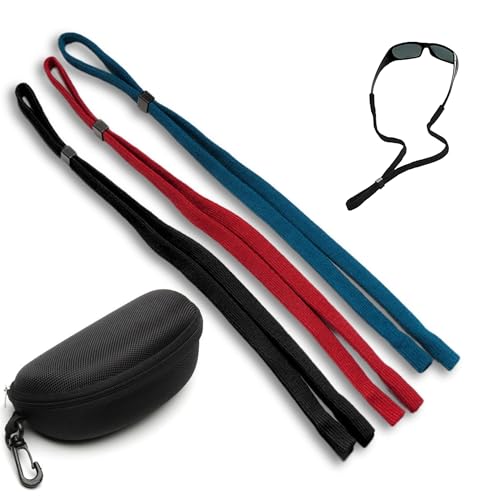 Pack 3 Correas para Gafas + Funda, Cordón Gafas, Sujeta Gafas, Cordón Gafas, Cadena Gafas, Cordones para Gafas de sol, Cuerda Gafas, Correas para Gafas Ajustable Antideslizante + Funda semirígida