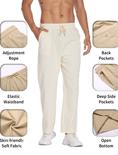 Deyeek Mens Linen Pants White Summer Beach Trousers Casual Loose Lightweight Cotton Yoga Pants Elastic Waist With Pockets #TOP2