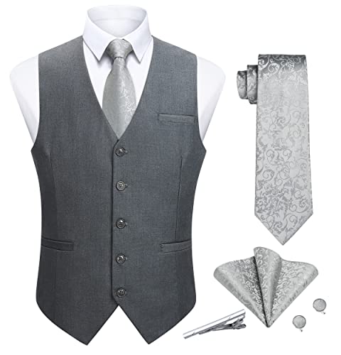 Enlision Chaleco Gris Hombres de Negocios Formal Chalecos Set Corbata Pañuelo Color Sólido Traje de Chaleco S