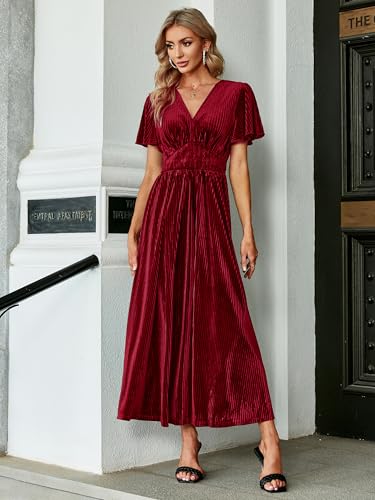 Image of Simplee Women's V Neck Velvet Maxi Dress Short Sleeve Empire Waist Long Formal Dress for Wedding Guest