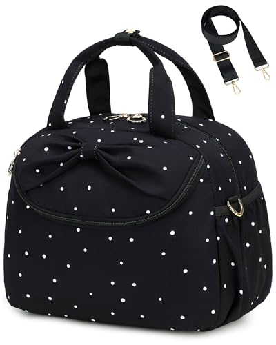 Bluboon Lunch Box for Women, Large Insulated Lunch Bag with Shoulder Strap, Adult Lunch Tote Teacher Nurse, Bow Lunch Cooler Gifts for Work Picnic Travel, Black (Black White Dots)