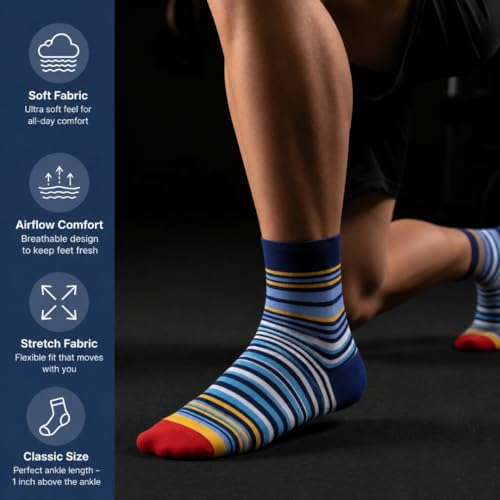Image of Essentials Unisex Cotton Ankle Socks for Men & Women, Breathable Moisture Wicking Sports Socks, Ultra Soft Summer Athletic Socks, Striped & Geometric Multicolor