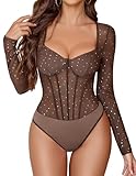 Avidlove Women Mesh Bodysuit Tops Sparkle Top Long Sleeve Blouses Glitter Shirts Sexy Clubwear Outfits