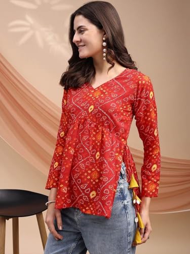Image of MAHIRA'S Women's Short Kurti, Black Rayon Tunic Top with Embroidered Sleeves, 3 /4 Designer Sleeves