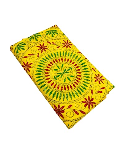 Image of SHRISTI CLOTHINGS Women's Hand Embroidered Cotton Silk Kantha Stitch Saree with Blouse Piece (SB4200924 YELLOWD96)