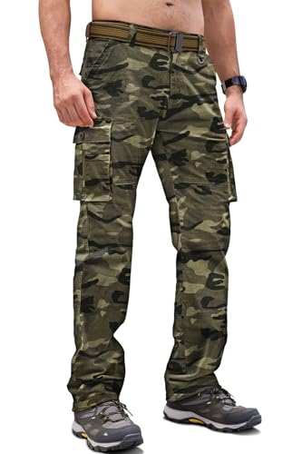 Cindeyar Cargohose Herren Relaxed Fit Baumwolle Wanderhose Herren Casual Arbeitshosen Männer Outdoor Militär Taktische Hosen mit Multi Taschen(Camouflage Grün,L)