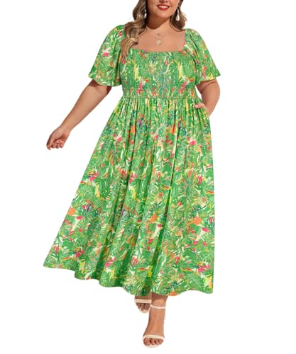Image of RITERA Plus Size Dresses for Curvy Women Square Neck Short Sleeve Summer Floral Smocked Maxi Dress with Pocket XL-5XL
