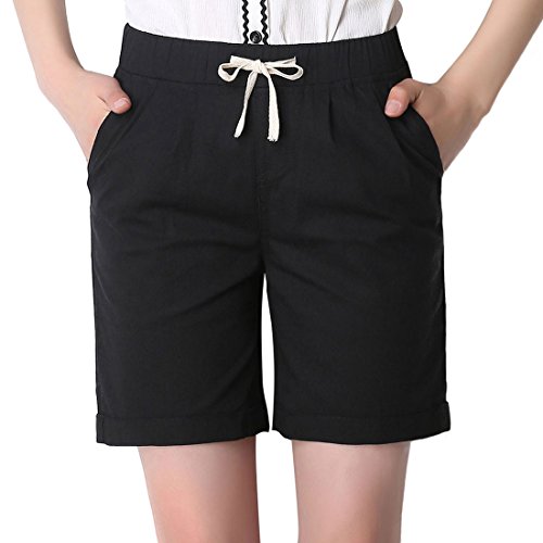 CHARTOU Women's Modest Loose Elastic-Waisted Bermuda Drawstring Casual Shorts (X-Large, Black)