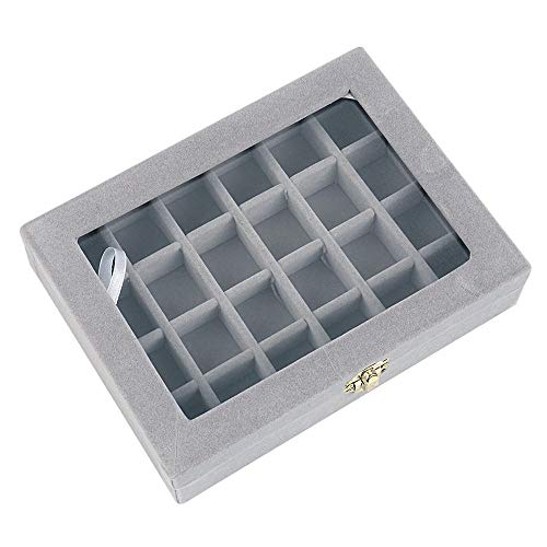 Image of BucketList Women's Velvet Glass Ring Earrings Jewelry Box - Display Storage Showcase Holder Organizer (24 Grid Jewellery Box Grey)