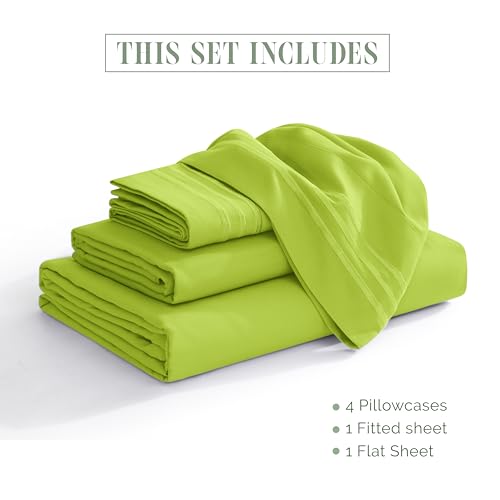 Image of Elegant Comfort Luxurious 1500 Premium Hotel Quality Microfiber Three Line Embroidered Softest 4-Piece Bed Sheet Set, Wrinkle and Fade Resistant, Queen, Lime