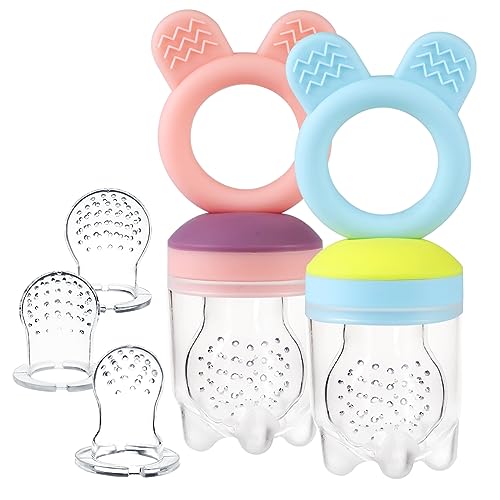 Image of Baby Fruit Food Feeder PacifierTeether Toys Set - Silicone Fresh Food Feeder Teether with 2 mesh Silicone Bags and Teething Toys All in One Infant Teether Toys