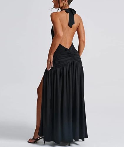 Image of Ekaliy Women's Sexy Halter Deep V Neck Maxi Dress Sleeveless Backless High Slit Ruched Long Dress Summer Party Cocktail Dress