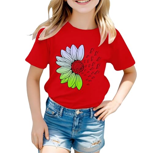 Girls Loose Fit Sunflower Graphic T Shirts Short Sleeve Crewneck Cute Pattern Printed Tops Kids (D-Red, 8-9 Years)3