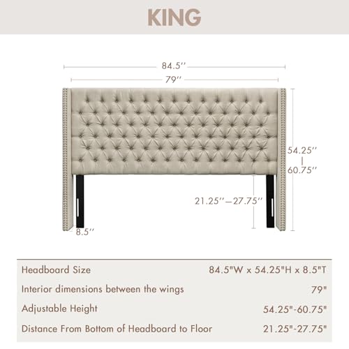 Image of Madison Park King Wingback Upholstered Tufted Headboard, Featuring High-Density Sponge Padding, Adjustable Height Headboard, Easy Assembly, Beige Woven
