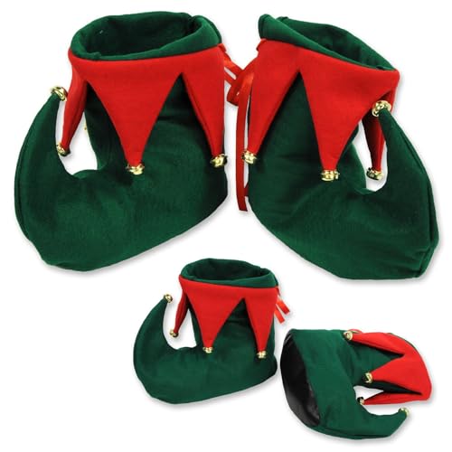 Bismaa Adults Christmas Elf Shoes With Bells - Green Red Santas Helper Jester Peter Pan Elf Costume Slipper Boots Unisex Xmas Fancy Dress Accessory