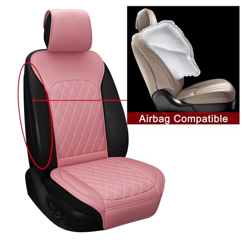 Image of Front Car Seat Covers - Leather Seat Covers with Storage Pocket and Two Belt Pads, Anti-Slip Waterproof Universal Seat Covers for Cars Fit Cars Trucks SUV(Pink,2 Pack)