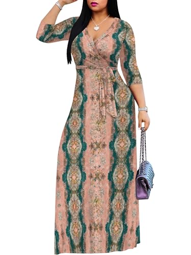 Image of PinkPatty Plus Size Maxi Dress for Women Casual V Neck 3 /4 Sleeve Boho Printed Long Dress with Pockets