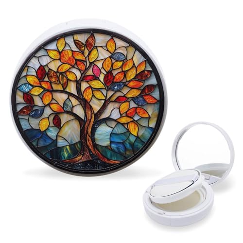 Hayyett Colorful Tree of Life Stained Glass Air Cushion Puff Box Portable Cosmetic Makeup Case Container,Loose Powder Foundation Container