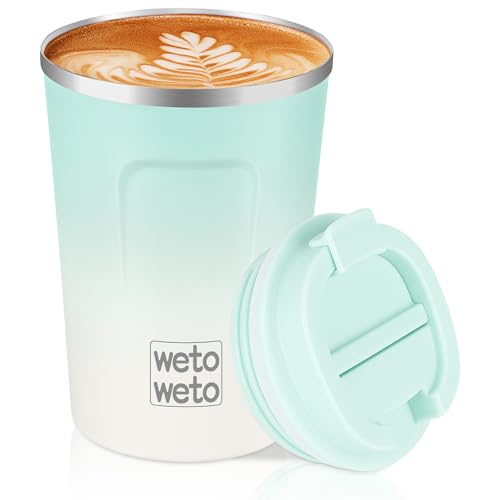 Image of WETOWETO 12 oz Stainless Steel Insulated Tumbler, Travel Coffee Mug, Insulated Coffee Mug with Lid, Spill Proof Coffee Cup, Portable Thermal Mug, Reusable Cup for Hot and Cold (Green-White)