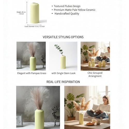 Image of KREATIVE ART'S Modern Ribbed Design Ceramic Flower Vase for Living Room, Flower Pots for Artificial Flower, Home Decoration Item, Home Decor, Vases for Living Room (Yellow, Medium)
